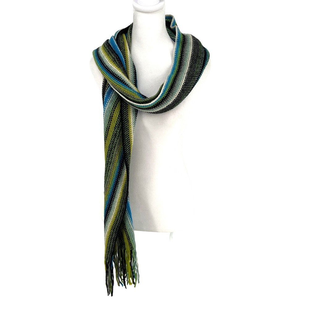 Talbots Womens Striped Knit Scarf Blue Green Wool Blend Fringe 76x14 Boho